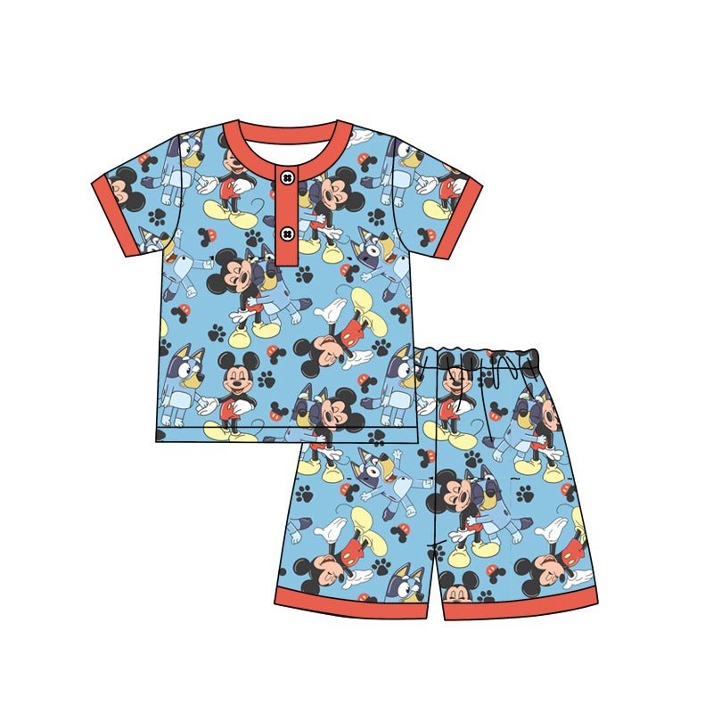 Baby Boys Blue Short Sleeves Button Down Cartoon Mouse Dogs Top Shorts Pajamas Set Preorder