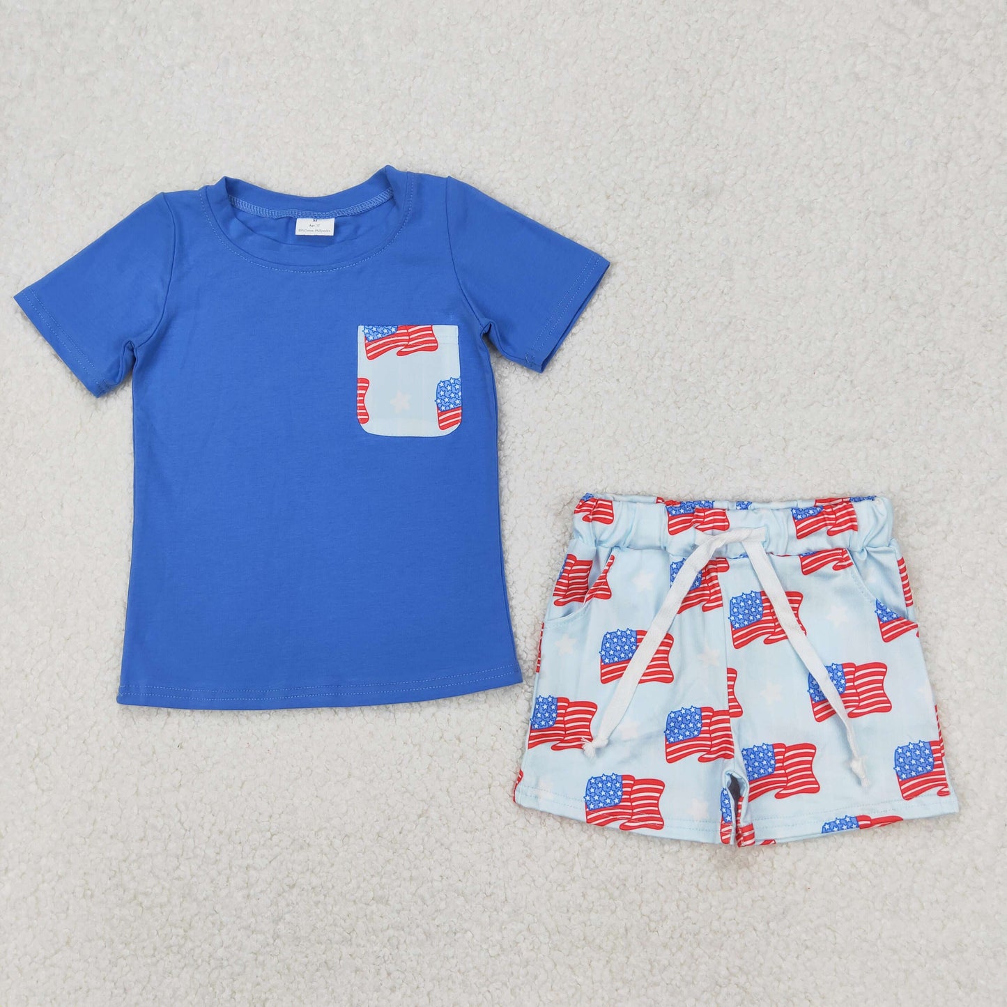 Baby Boys Blue Short Sleeves Pocket Top Flags Shorts 4th Of July Set