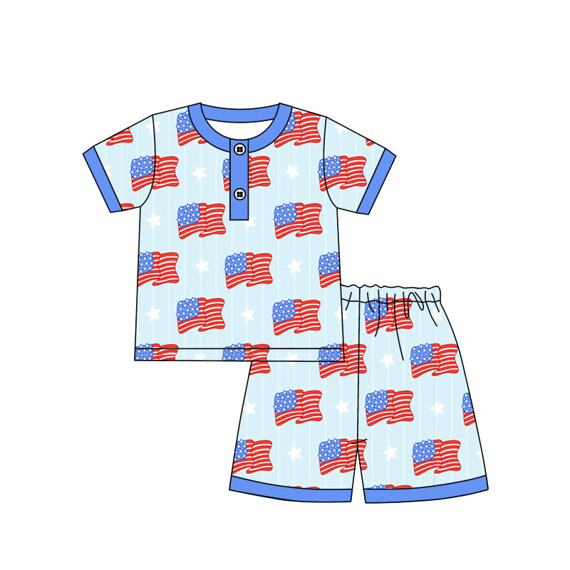 Baby Boys Short Sleeves Button Down Top Flags Shorts 4th Of July Pajamas Set Preorder