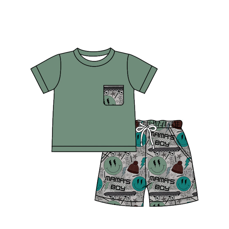 Baby Boys Dark Green Short Sleeves Pocket Top Smile Boots MAMAS BOY Shorts Set Preorder