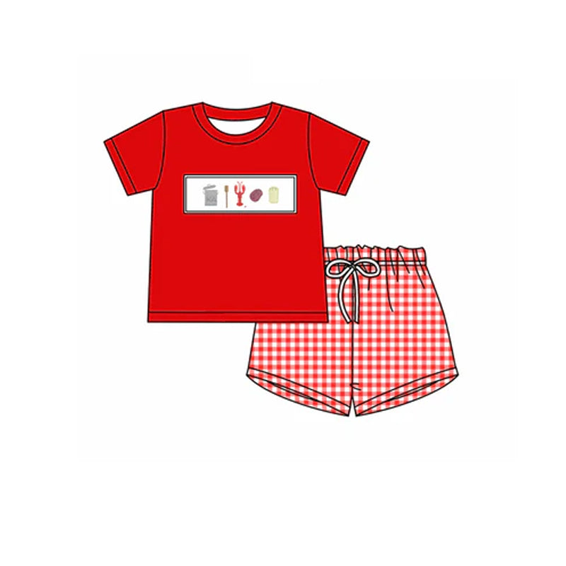 Baby Boys Red Short Sleeves Crayfishes Top Plaid Short Mardi Gras Set Preorder