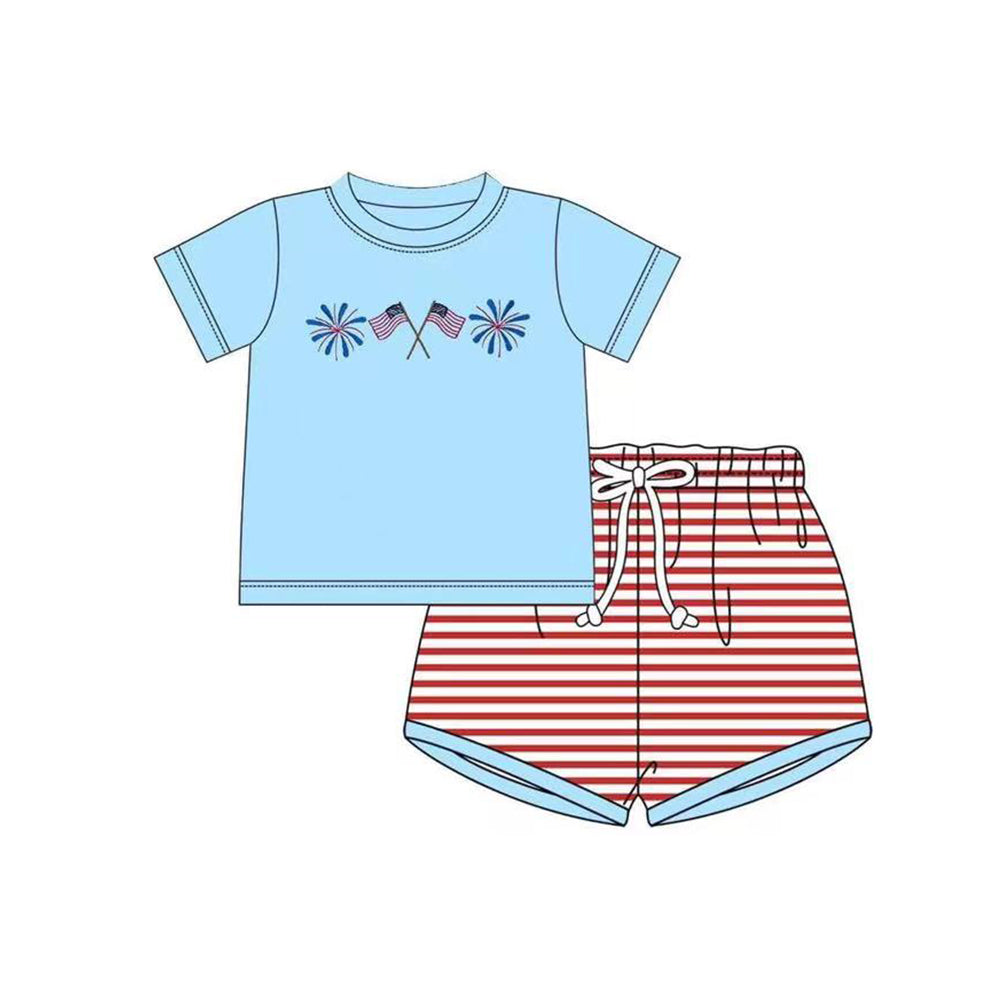 Baby Boys Blue Short Sleeves Flags Fireworks Top Red Stripe Short 4th Of July Set Preorder