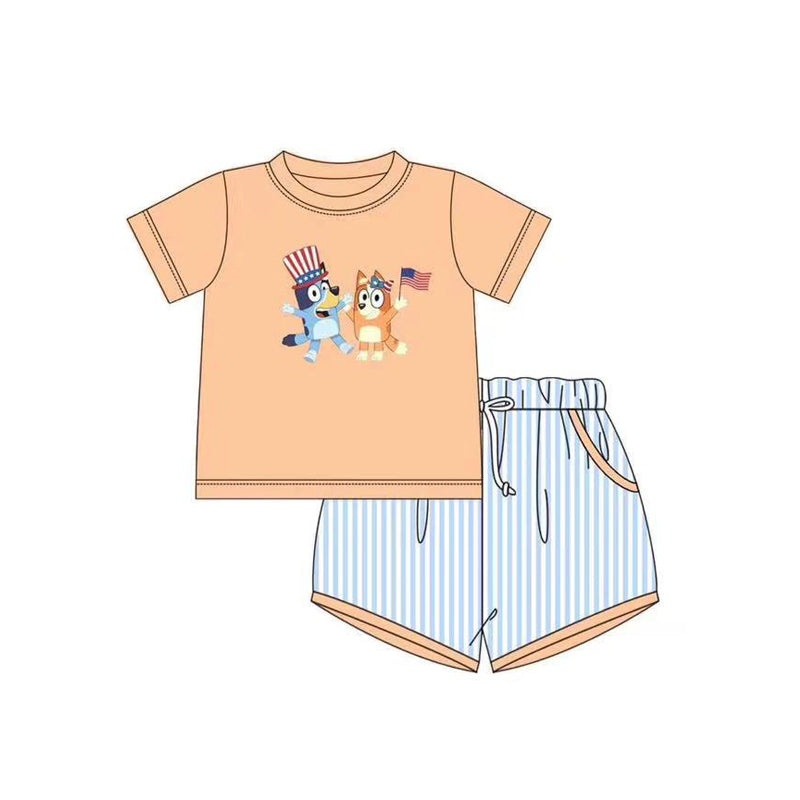 Baby Boys Orange Short Sleeves Flags Cartoon Dogs Top Blue Stripe Short 4th Of July Set Preorder