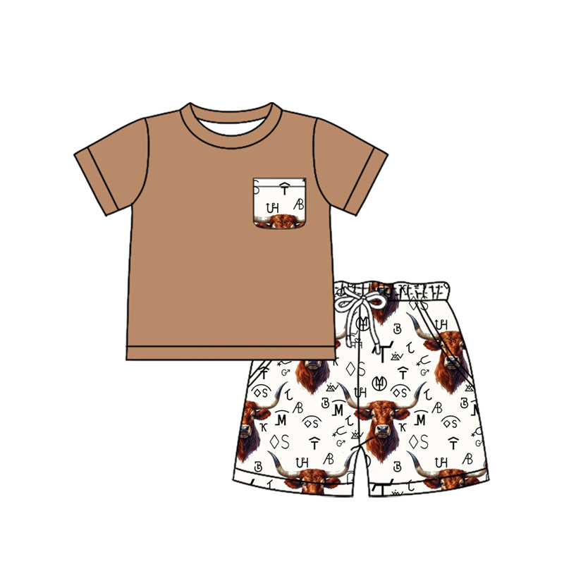 Baby Boys Khaki Short Sleeves Pocket Top Bull Skull Cows Pocket Short Western Set Preorder