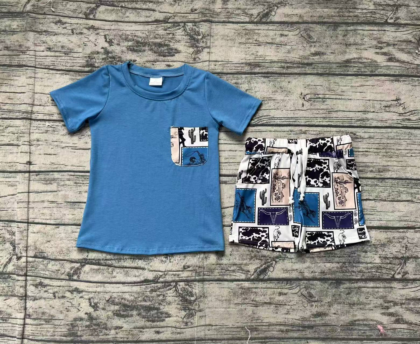 Baby Boys Blue Short Sleeves Pocket Top Cactus Horse Rodeo Short Western Set Preorder