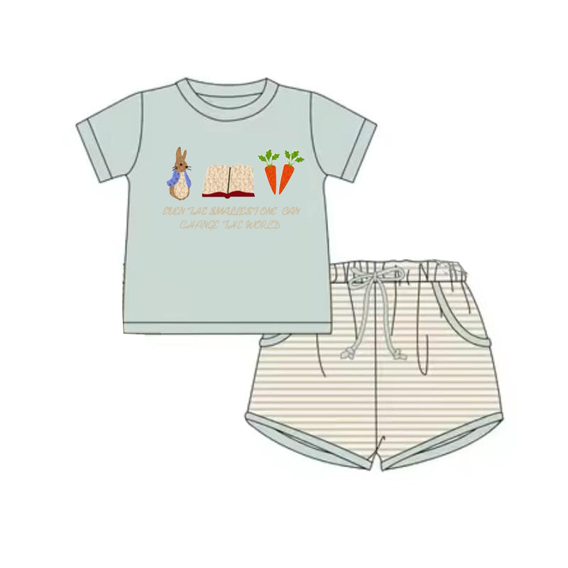 Baby Boys Aqua Short Sleeves Bunny Carrots Top Stripe Pockets Short Easter Set Preorder