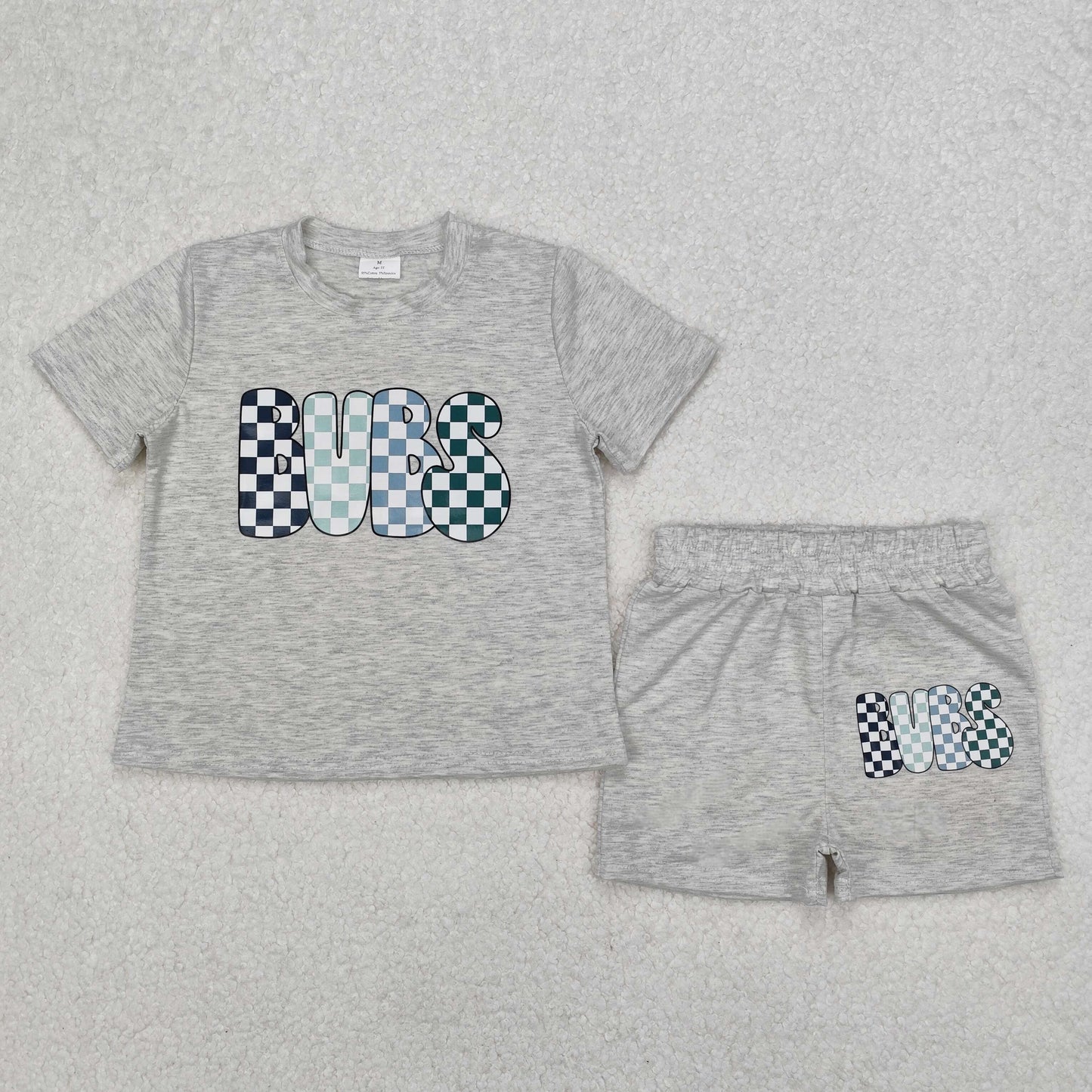 Baby Boys Gray Short Sleeves Plaid BUBS Top Short Set
