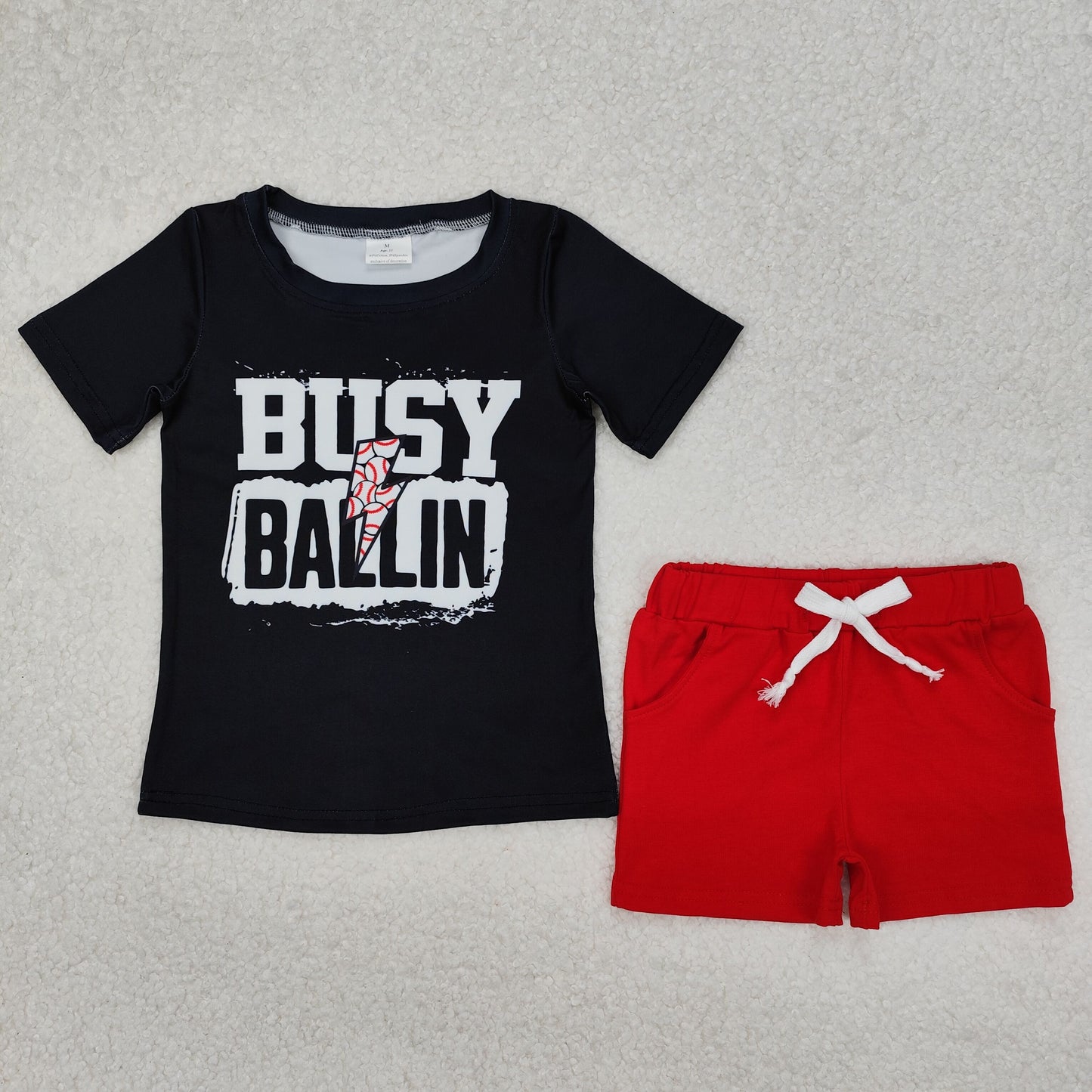 Baby Boys Black Short Sleeves BUSY BALLIN Top Red Pockets Short Set