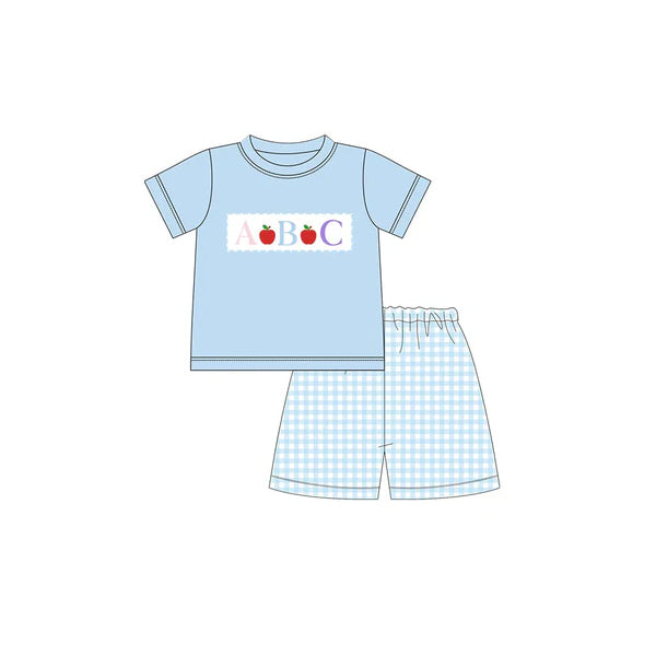 Baby Boys Blue Short Sleeves Apples ABC Top Plaid Short Set Preorder