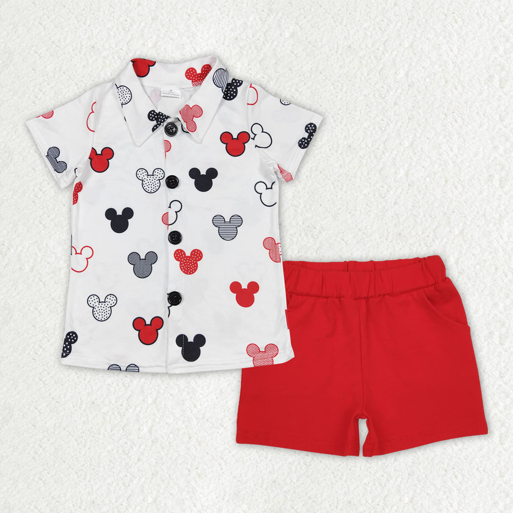 Baby Boys Short Sleeves Colorful Cartoon Mouses Button Down Top Red Pockets Short Set