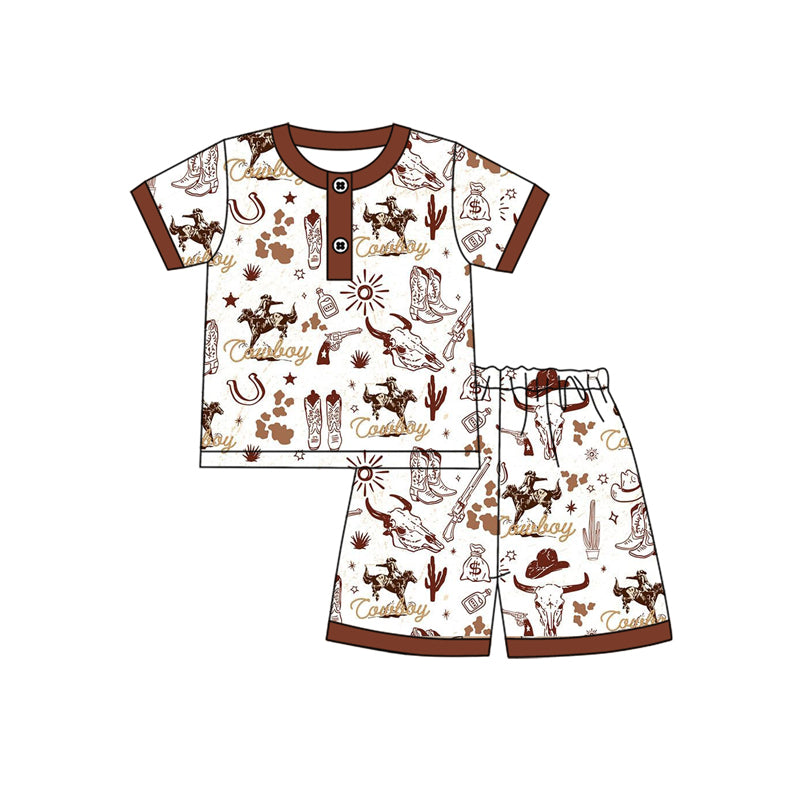 Baby Boys Brown Short Sleeves Button Down Horse Rodeo Top Short Western Pajamas Set Preorder