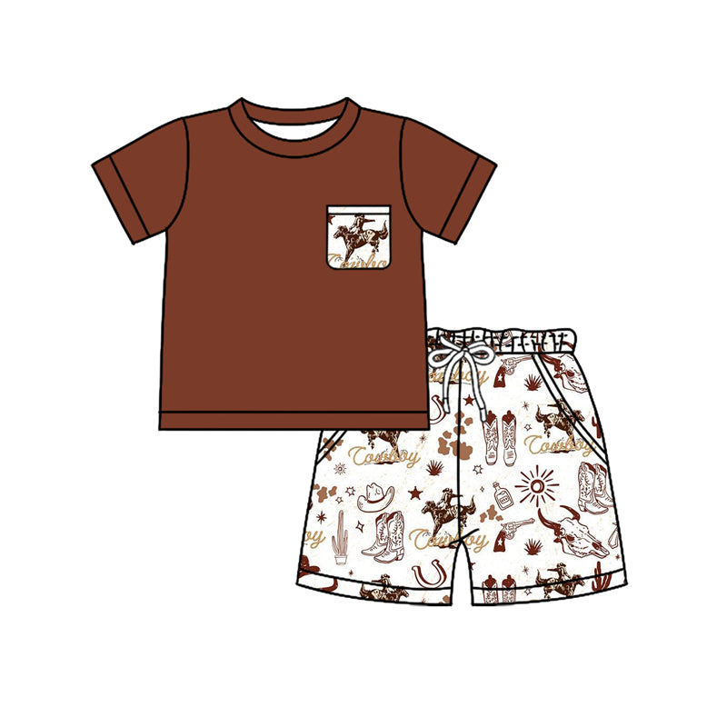 Baby Boys Brown Short Sleeves Pocket Top Hores Rodeos Short Western Set Preorder