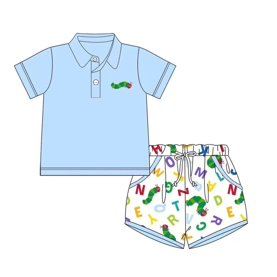 Baby Boys Blue Short Sleeves Button Down Caterpillar Top Pockets Short Set Preorder