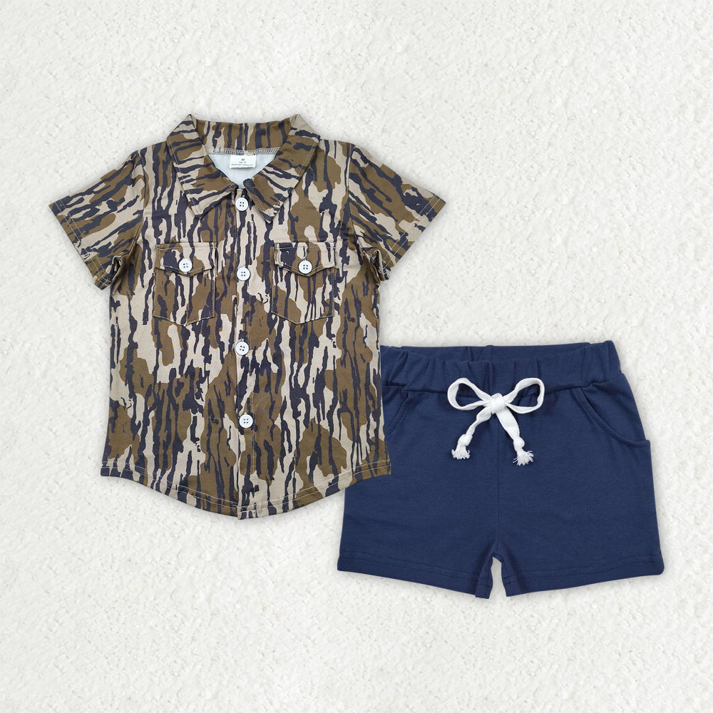 Kids Boys Bottomland Camouflage Camo Shirt Top Navy Shorts Set