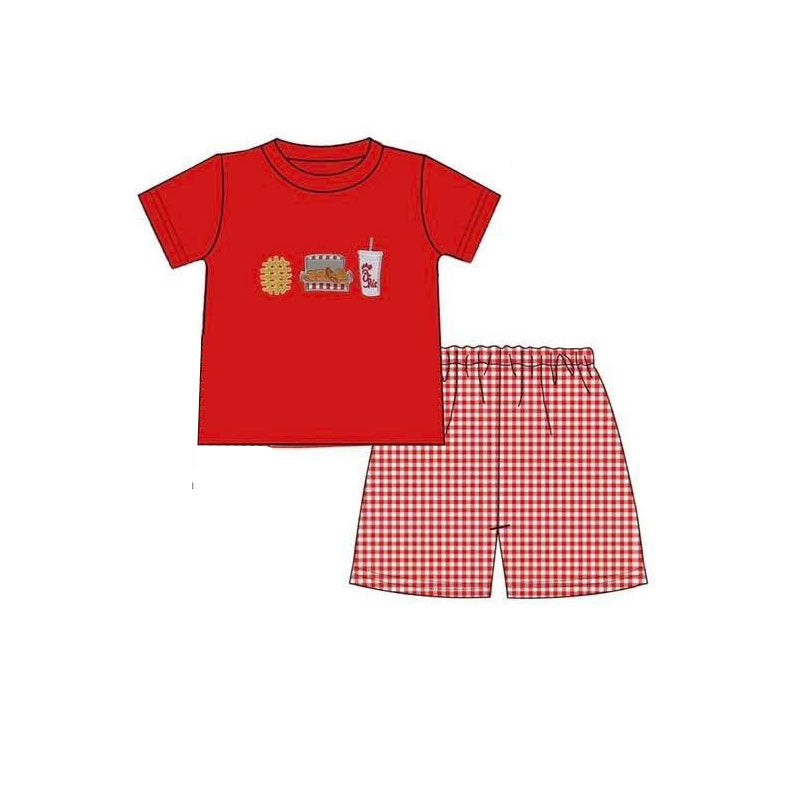 BSSO1712 Baby Boys snack Red Top With Gingham Shorts Set preorder