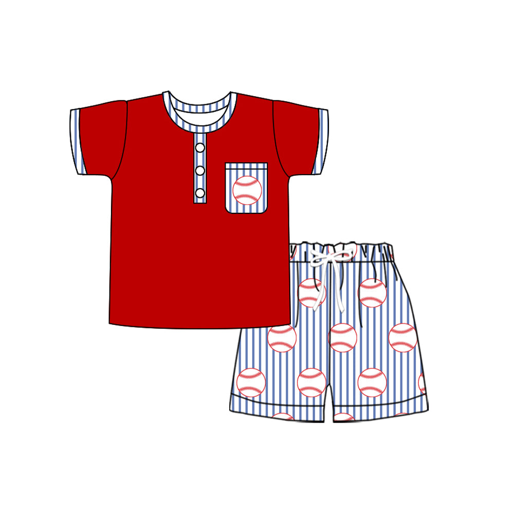 BSSO1713 Baby Boys Baseball Red Top With Gingham Shorts Set preorder