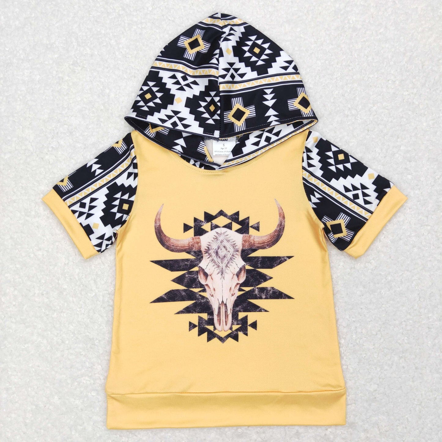 Baby Boys Yellow Short Sleeves Aztec Bull Skull Western Hoodies Top
