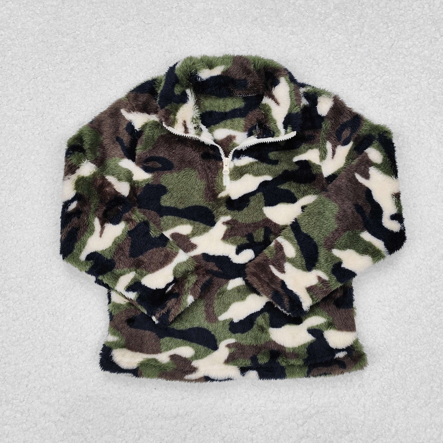 Green Camo Winter Long Sleeve Warm Kids Zipper Sherpa Pullover Top