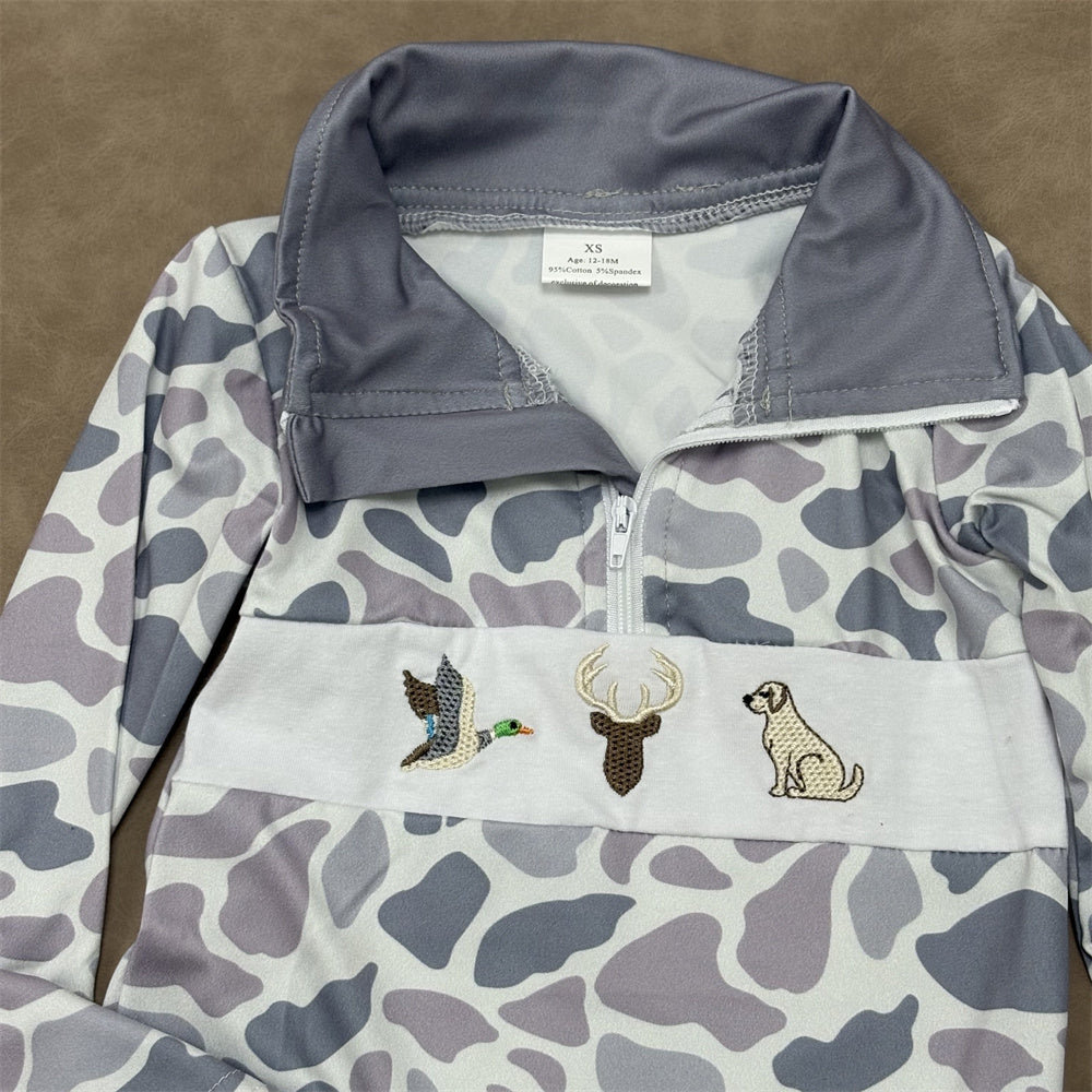 Baby Boys Hunting Grey Camo Long Sleeve Embroidery Pullover Top