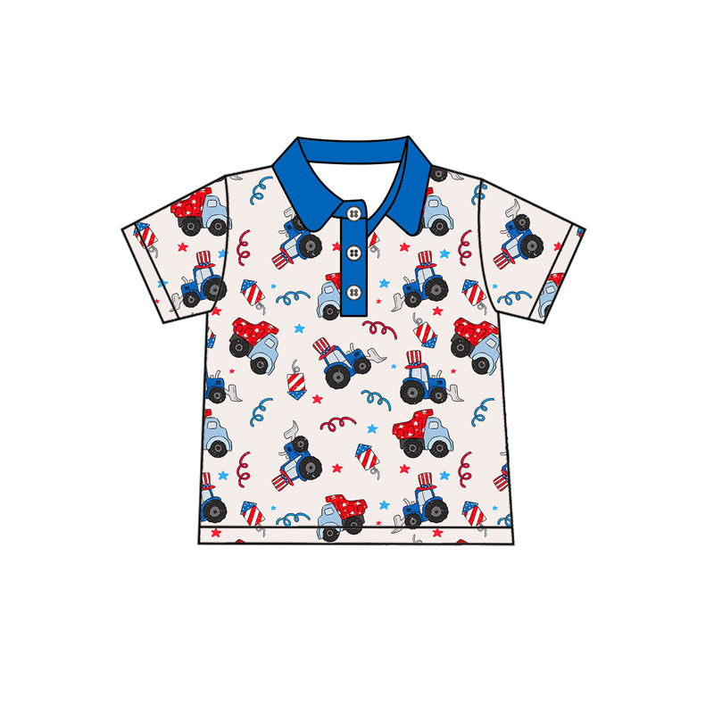Baby Boys Short Sleeves Button Down Red Blue Stars Trucks 4th Of July Shirts Top Preorder