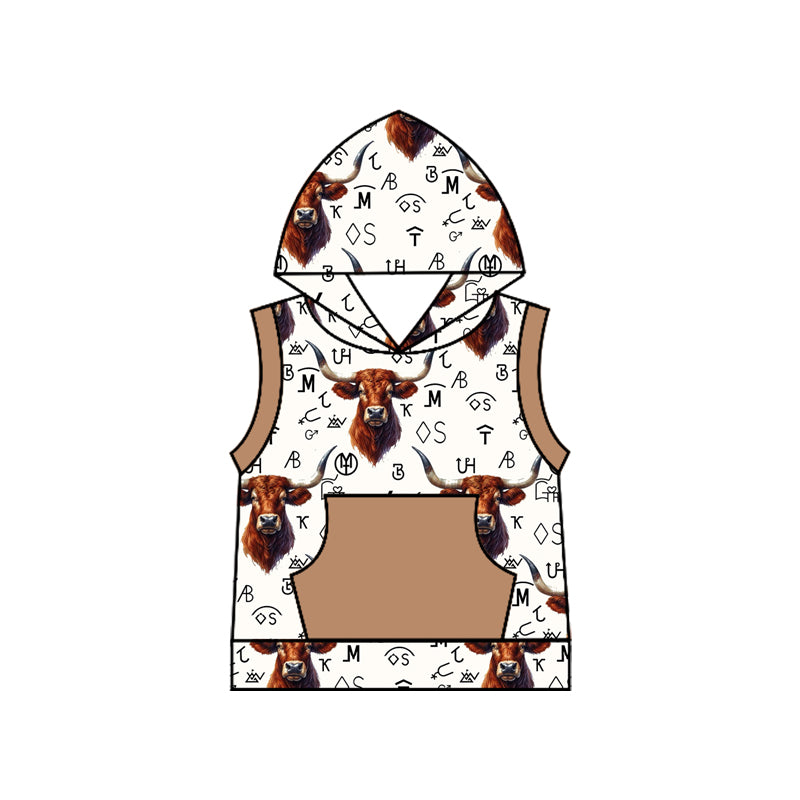 Baby Boys Khaki Sleeveless Bull Skull Cows Pocket Western Hoodies Top