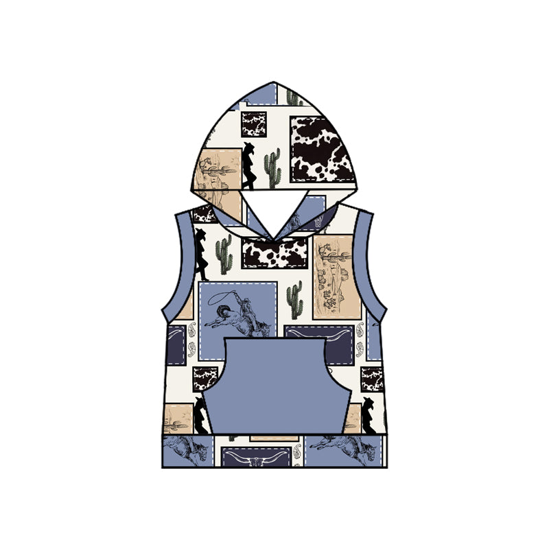 Baby Boys Blue Sleeveless Cactus Horse Rodeo Pocket Western Hoodies Top