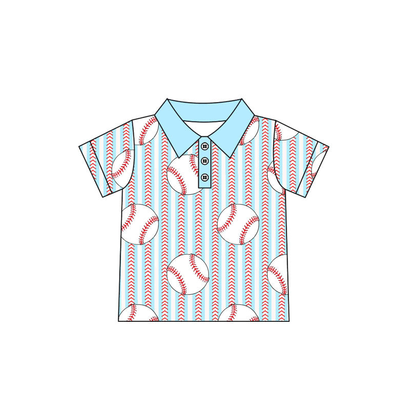 Baby Boys Light Blue Short Sleeves Button Down Baseballs Stripe Shirts Top Preorder