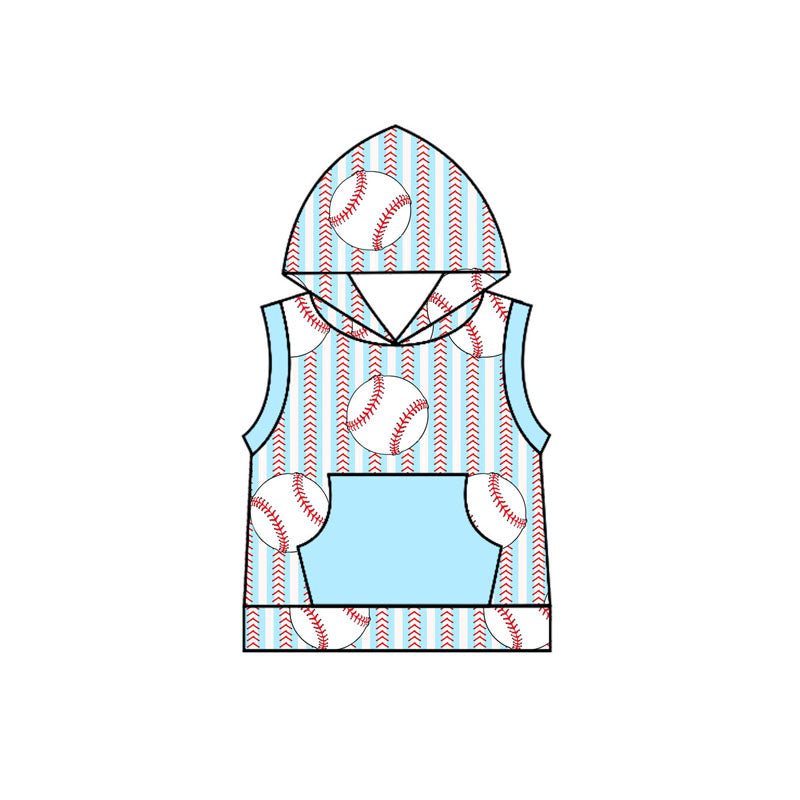 Baby Boys Sleeveless Light Blue Stripe Baseballs Pockets Hoodie Top Preorder