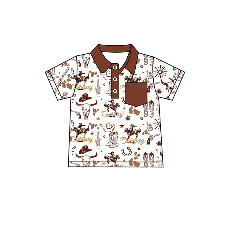 Baby Boys Brown Short Sleeves Button Down Horse Rodeos Western Polo Shirts Top Preorder