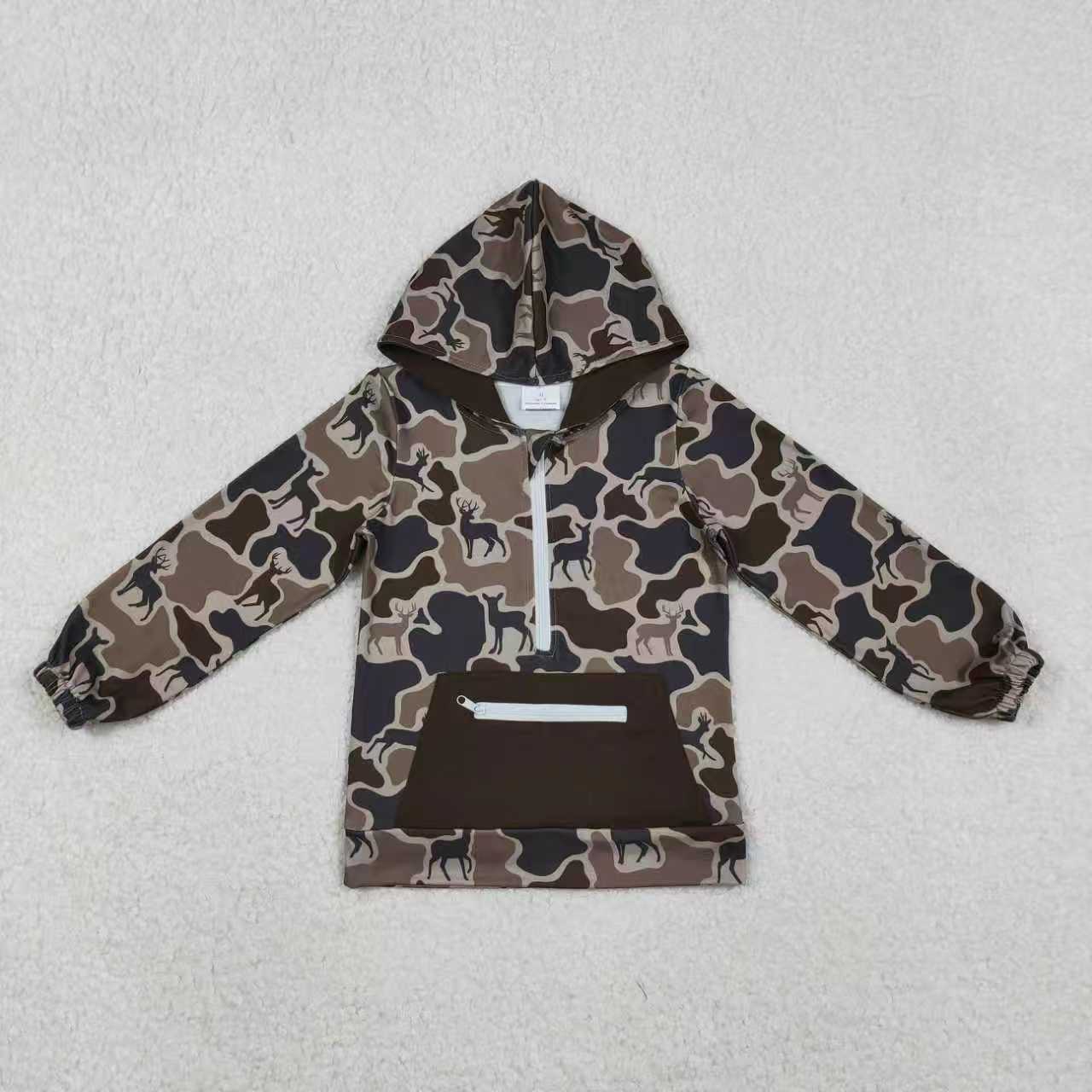 BT1348 Kids Boys Hunting Camo Deer Long Sleeve Hoodie Top With Pocket