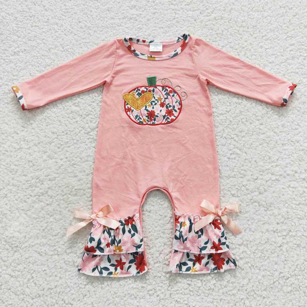 LR0278 USA Shop Baby Girls Embroidery Pumpkin Floral Fall Rompers