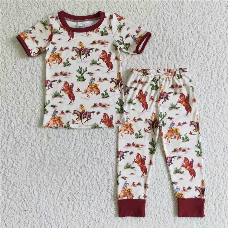 Baby Boys Brown Short Sleeves Horse Rodeo Cactus Top Pant Western Pajamas Set