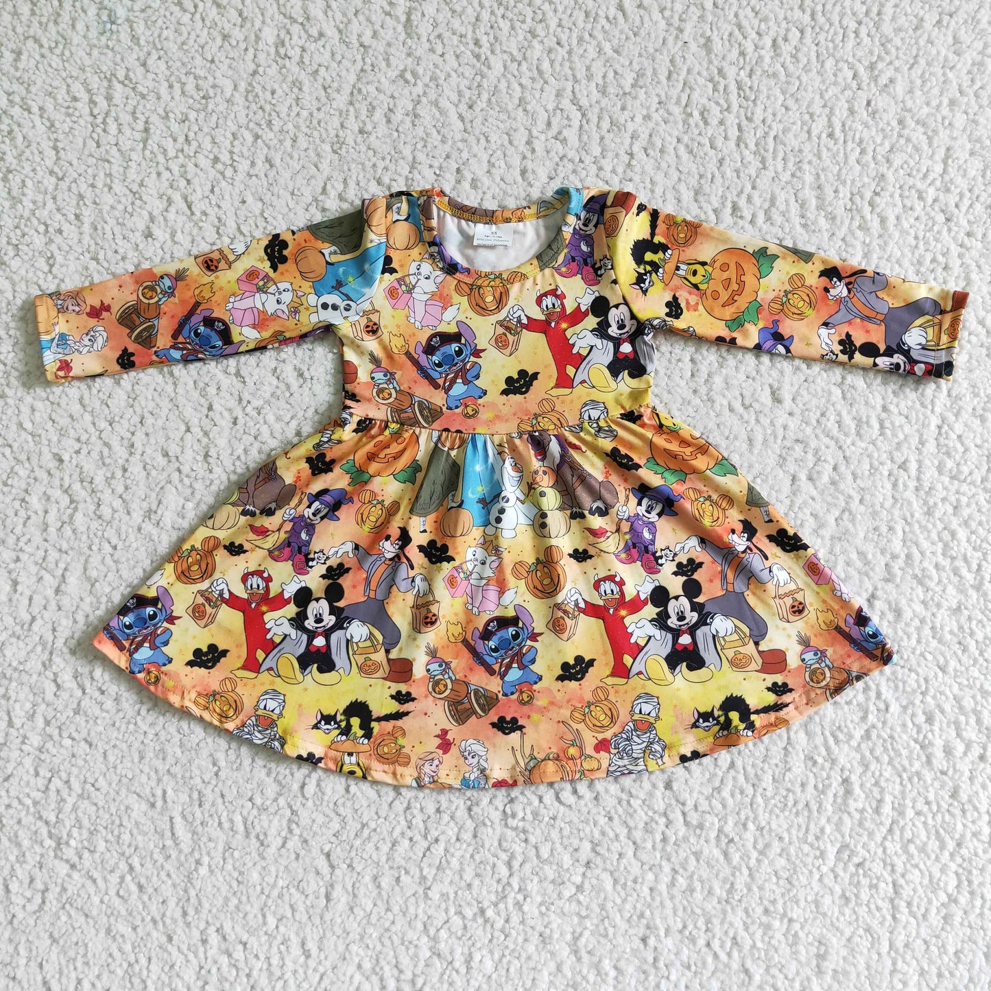 GLD0015 Halloween Cartoon Print Long Sleeve Dress For Girls