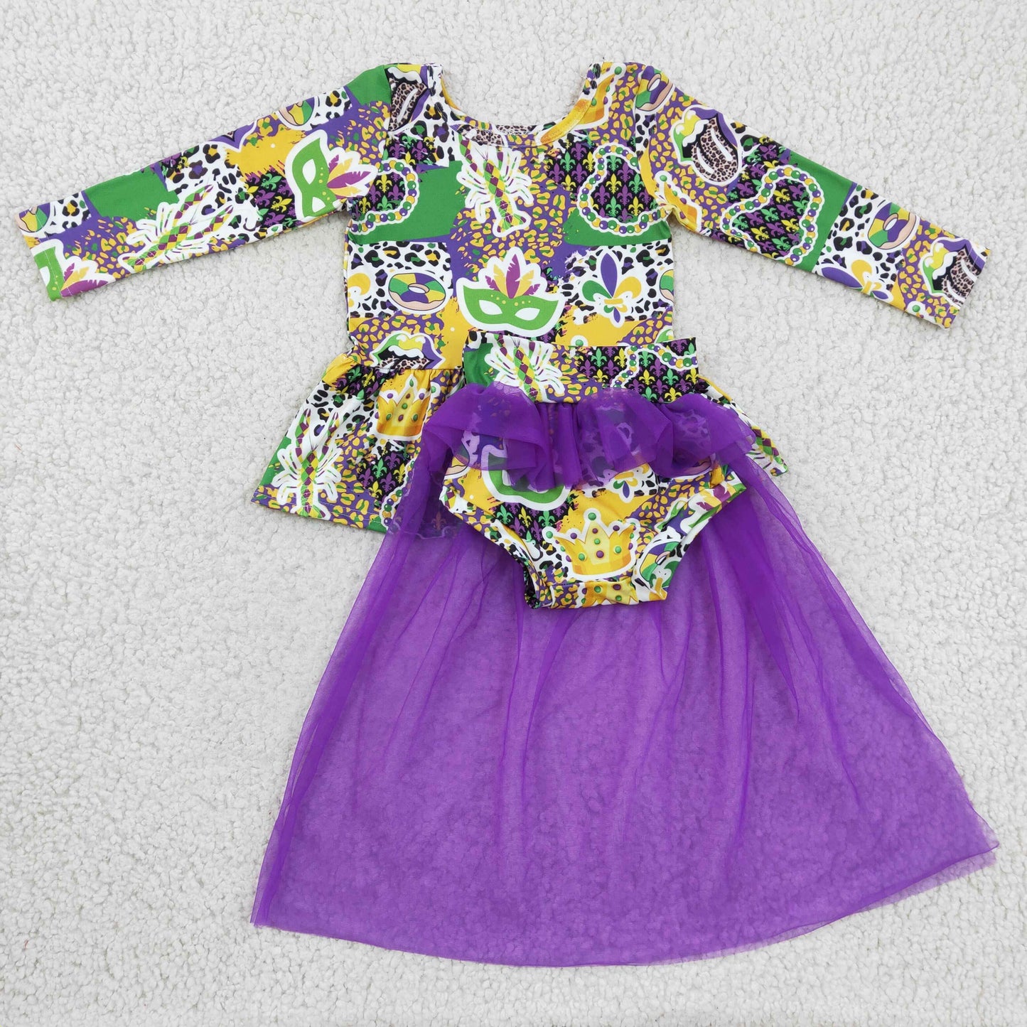 Baby Girls Green Long Sleeves Yellow Masks Tunic Purple Tulle Dress With Bummies Mardi Gras Set