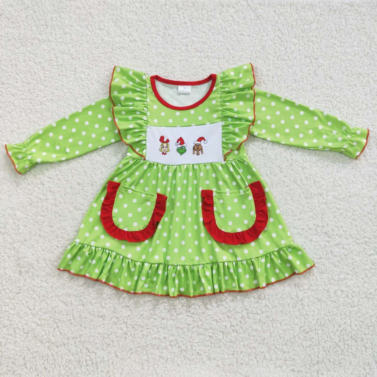 Kids Girls Christmas Green Face Embroidery Dress