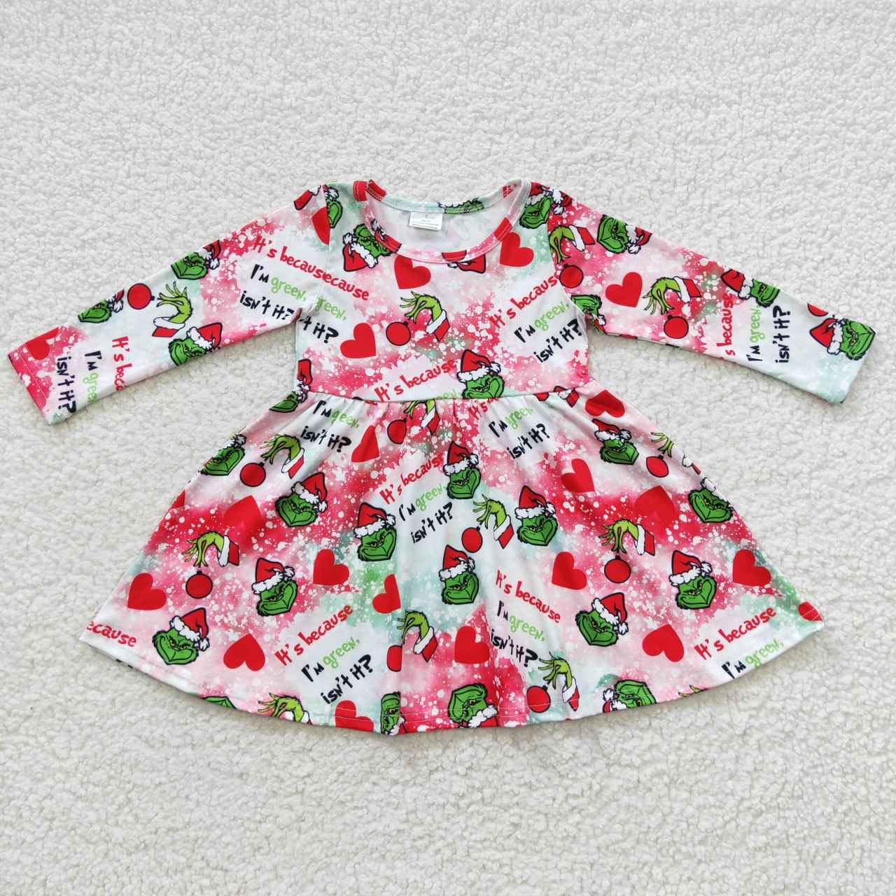 Children Girls Christmas Green Face Print Dress