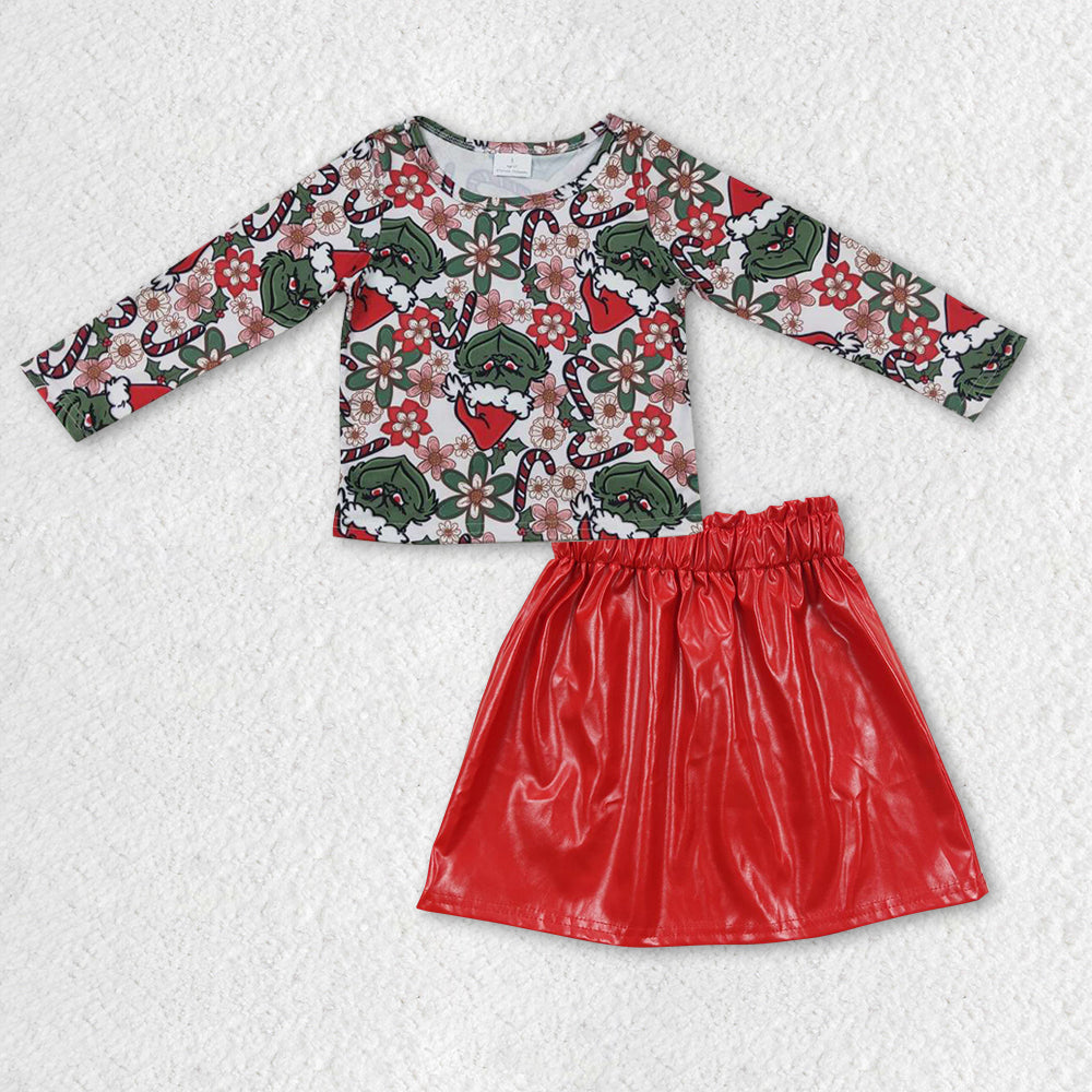 Kids Girls Christmas Green Face and Skirt Outfit