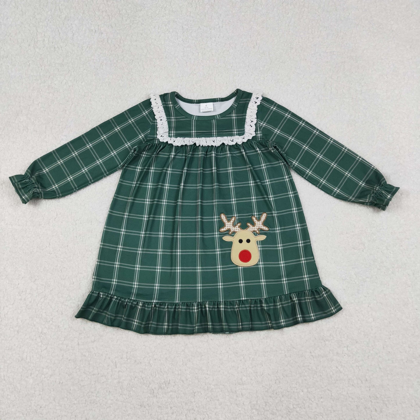 Sibling Christmas Green Plaid Applique Deer Pajama set /Dress