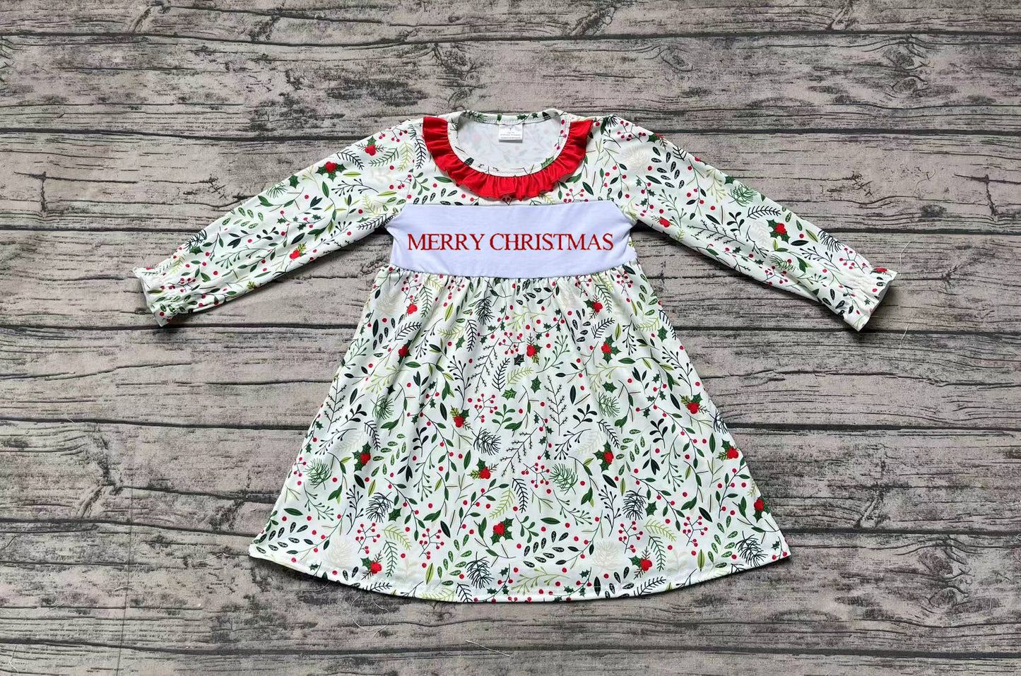Baby Girls Merry Christmas Holly Long Sleeve Dress
