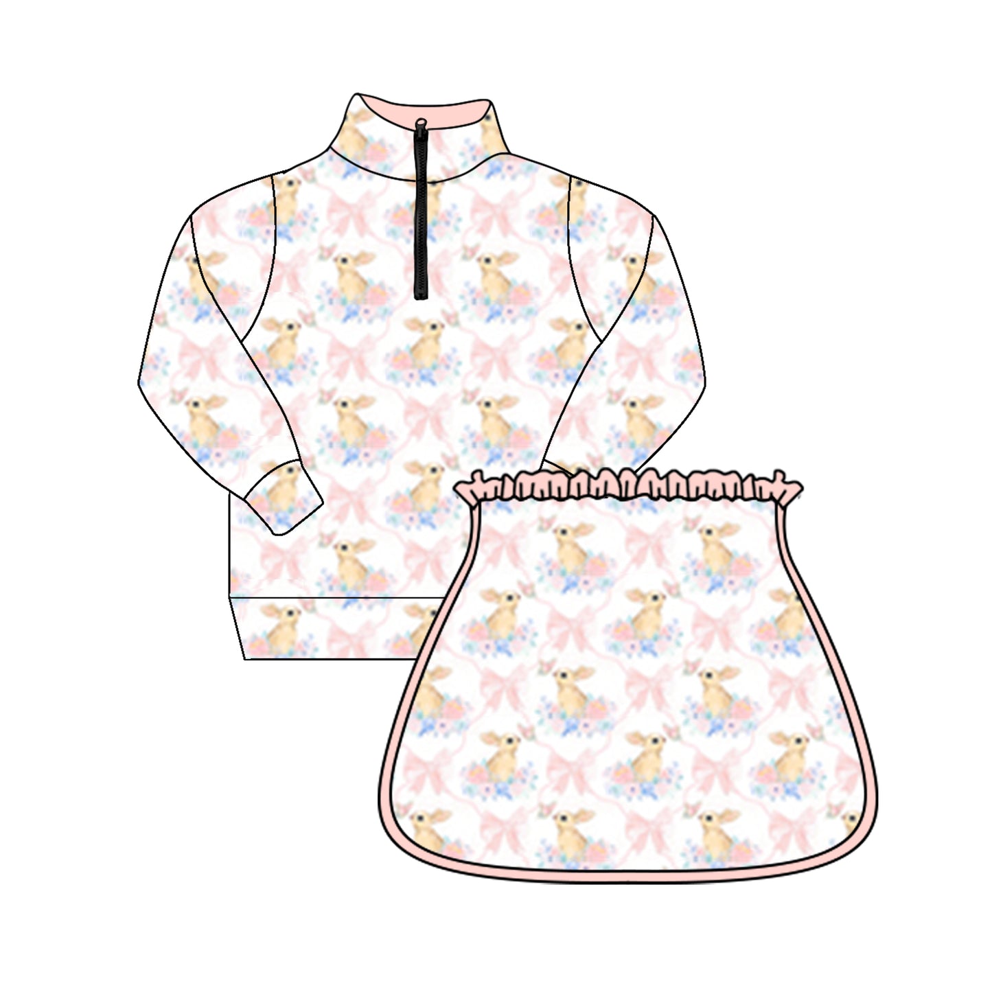 Baby Girls Peach Long Sleeves Floral Bunny Plaid Zipper Pullover Ruffle Skirts Easter Set Preorder