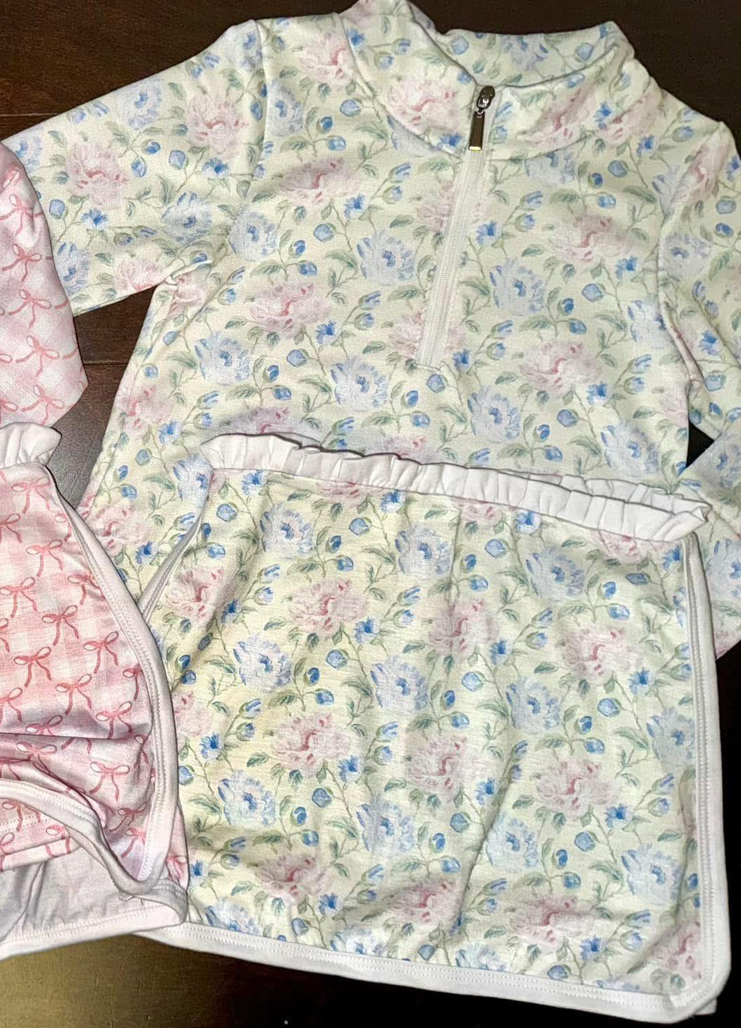 Baby Girls Long Sleeves Aqua Floral Zipper Top Ruffle Skirts With Shorts Valentines Set Preorder