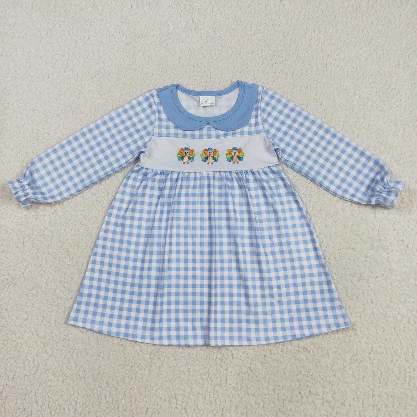 GLD1070 Kids Girls Thanksgiving Turkey Blue Gingham Long Sleeve Dress