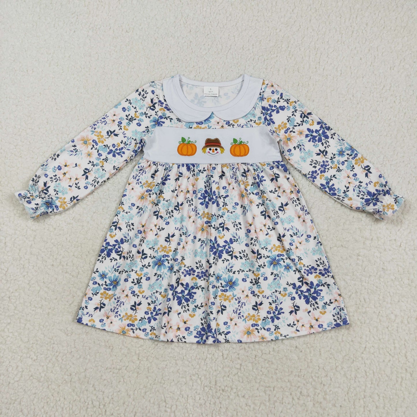 GLD1071 Kids Girls Embroidery Pumpkin Floral Long Sleeve Dress