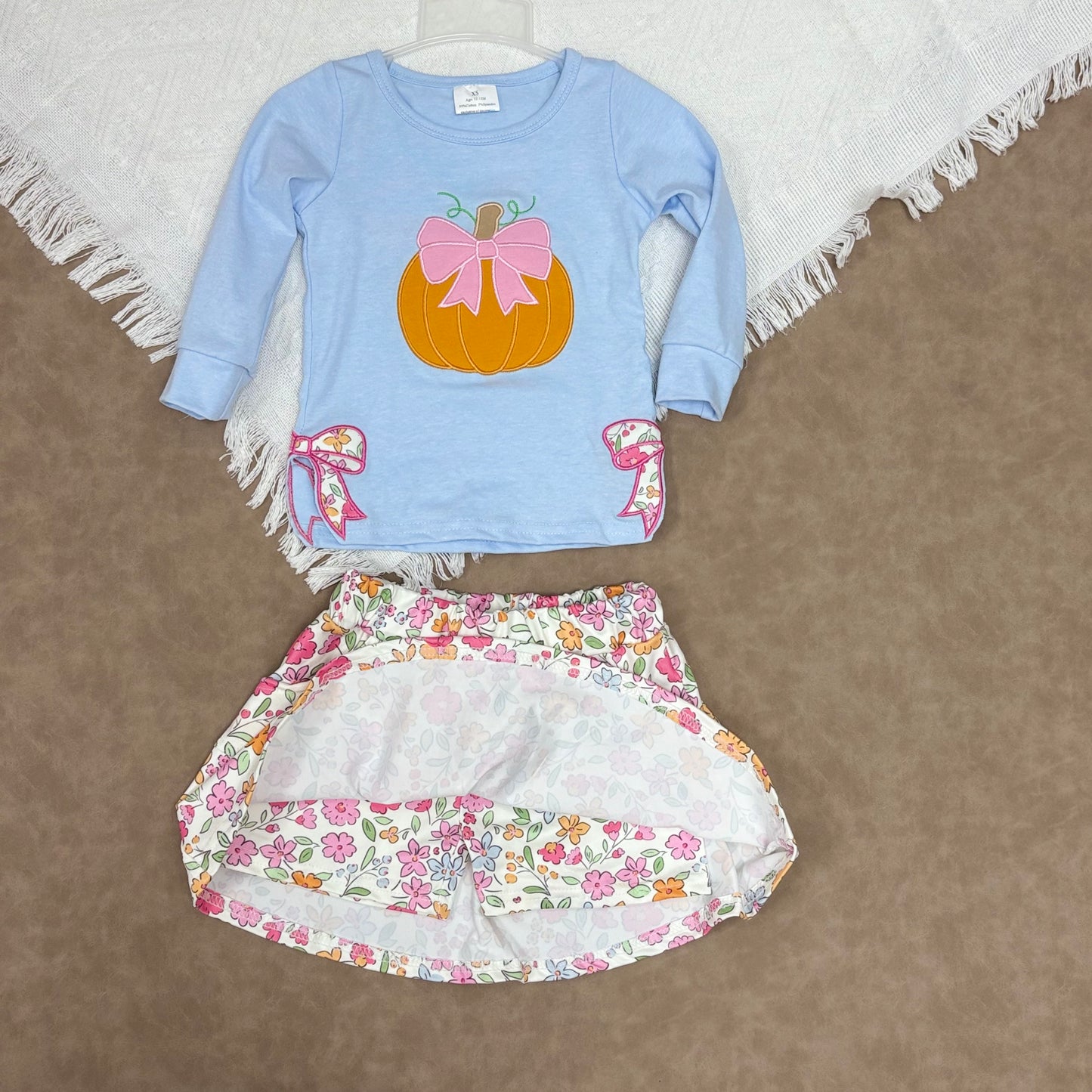 Baby Girls Applique Long Sleeve Blue Top With Skirt Set