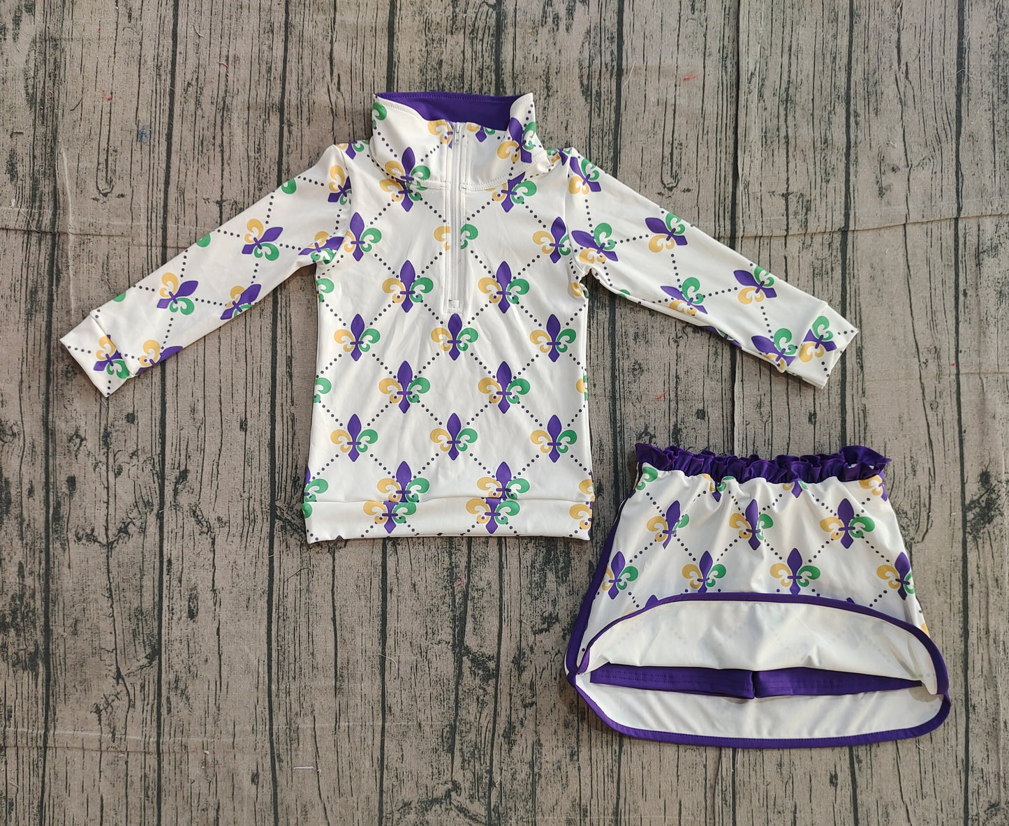 GLD1360 Baby Girls Mardi Gras Active Pullover +Skirt Set Preorder