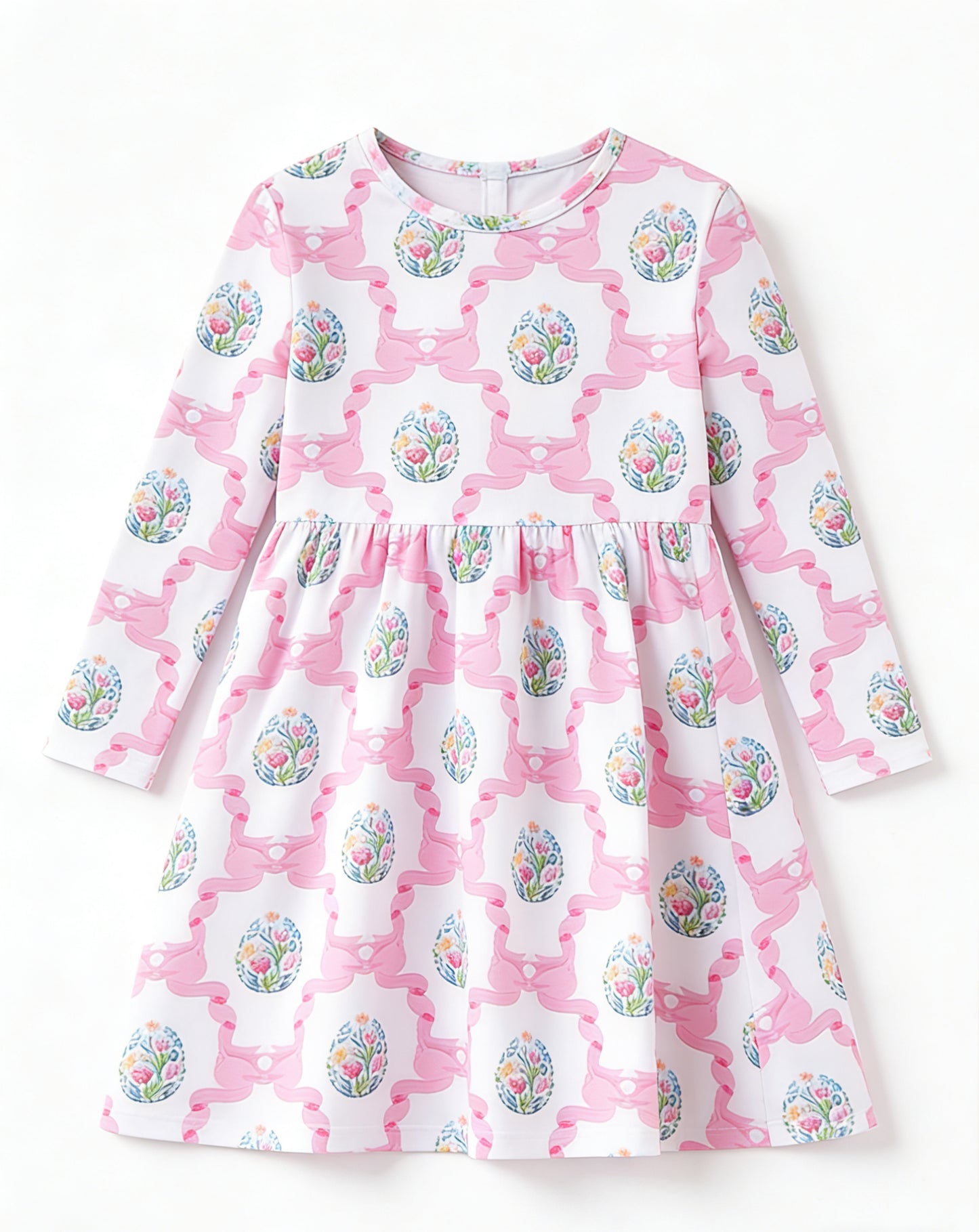 GLD1565 Baby Girls Pink Bow Floral Long Sleeve Dress Preorder