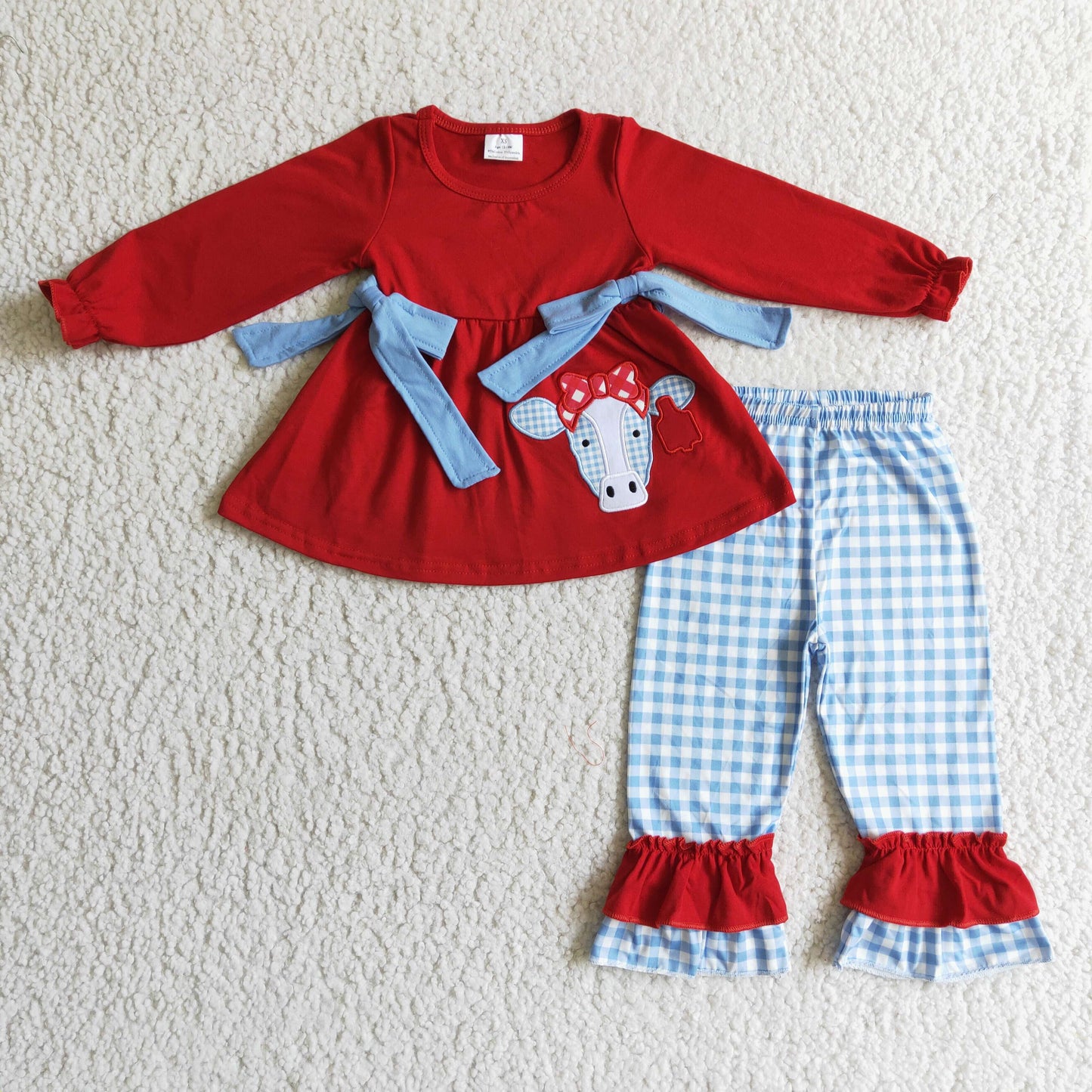 Kids girls cow red tunic top gingham pants outfit on sale