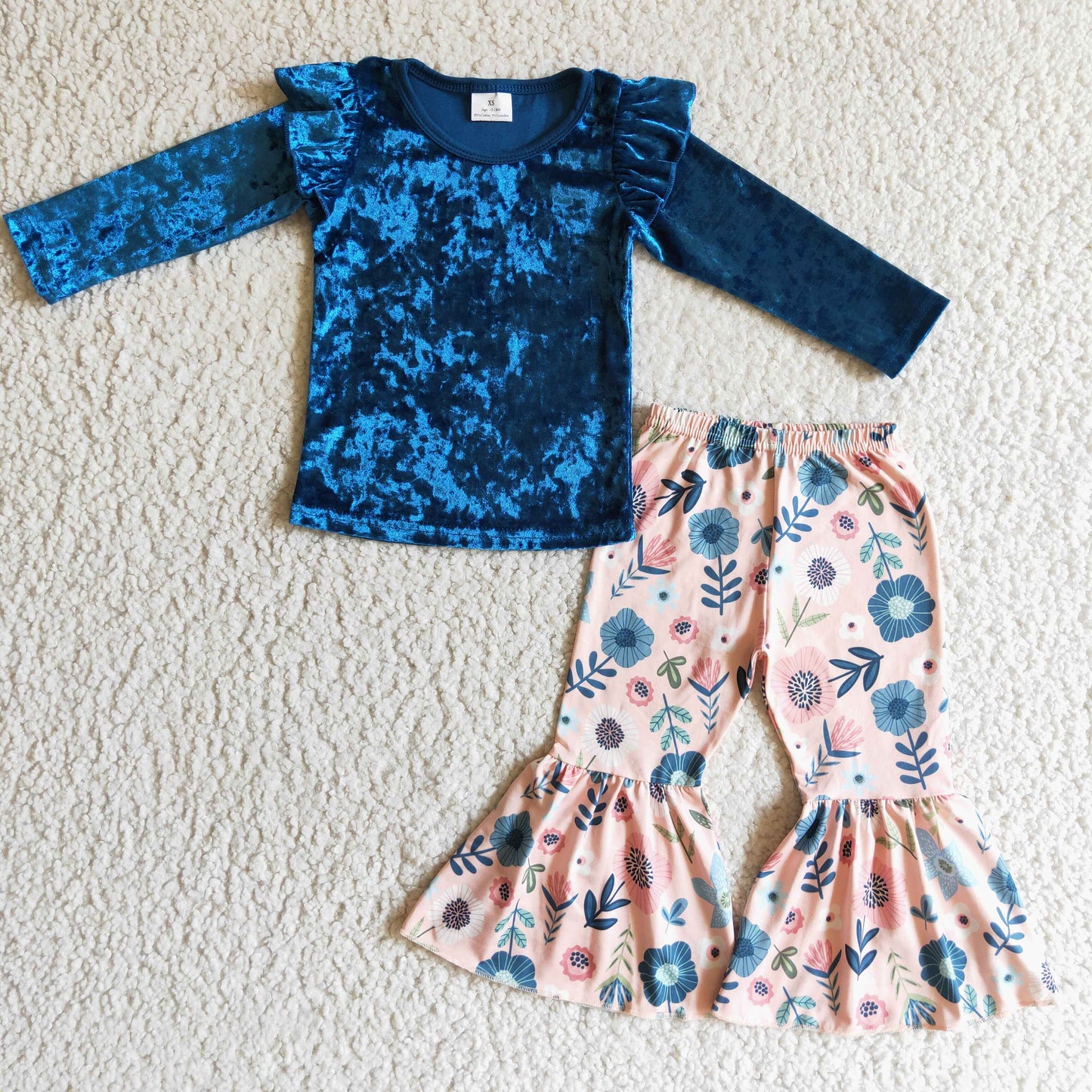 GLP0220 Baby Girls Blue Velvet Top Floral Pants Set On sale $5.5