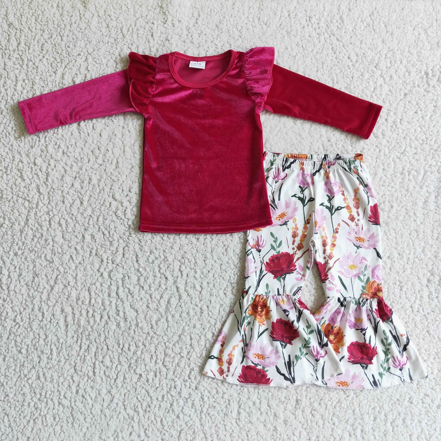 GLP0221 Baby Girls Red Velvet Top Floral Pants Set On sale $5.5