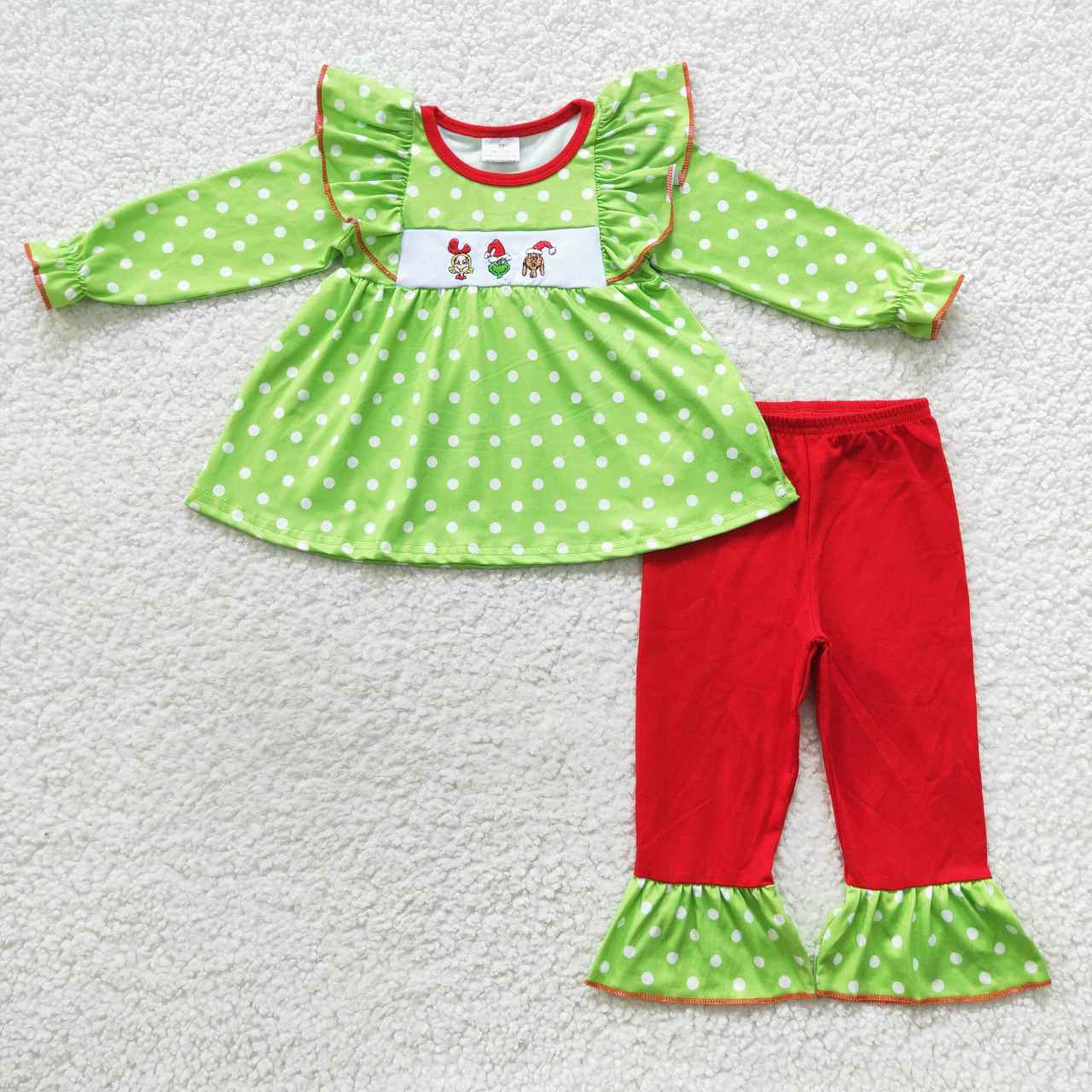 Baby Sibling Christmas Embroidery Green Face Friends Striped Outfit and Romper